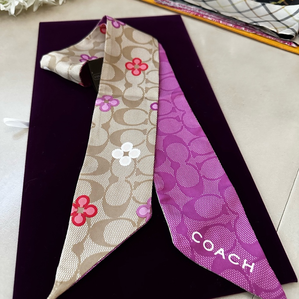 Coach Tan and Purple Floral Scarf
